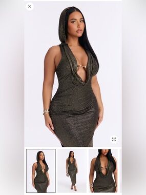 Fashion Nova Shimmer Hooded Plunge Midi Dress in Dark Gold